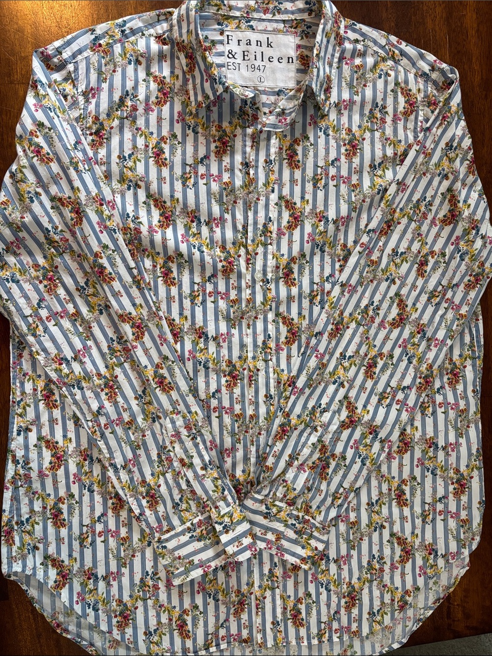 Frank & Eileen Floral Stripe Button-Down Shirt - White/Blue Sz L